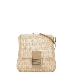 Fendi Zucchino Shoulder Bag Beige Tan Canvas Leather